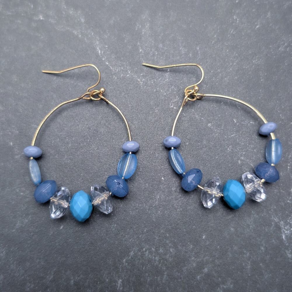 Vintage Dangle Earrings Blue & Clear Beads Circle Dangle Drop Large - Tarnished